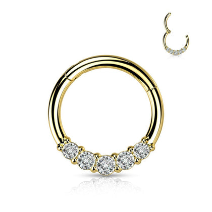 316L Surgical Steel Gold PVD 5 White CZ Gem Dainty Septum Ring Hinged Clicker Hoop - Pierced Universe