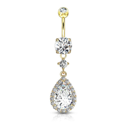 316L Surgical Steel Gold PVD Teardrop White CZ Pave Dangle Belly Ring - Pierced Universe