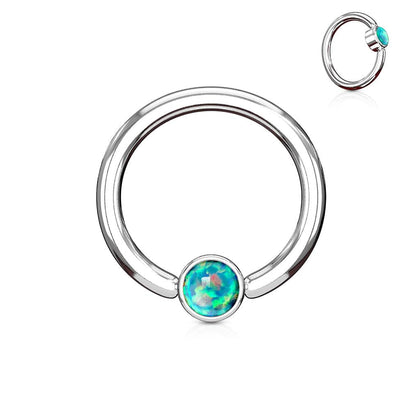 316L Surgical Steel Green Opal Flat Disk Captive Bead Ring Hoop Ring