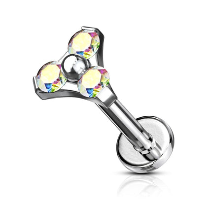 316L Surgical Steel Internally Threaded Aurora Borealis Triangle CZ Labret