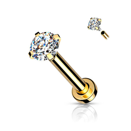 316L Surgical Steel Internally Threaded Gold PVD Flat Back Labret White CZ Gem - Pierced Universe