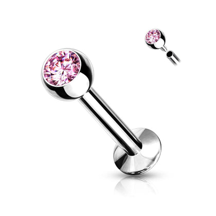 316L Surgical Steel Internally Threaded Pink CZ Labret Flat Back