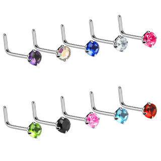 316L Surgical Steel L Shape 2mm Circle Prong Set CZ Gem Nose Ring Stud - Pierced Universe