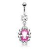 316L Surgical Steel Large Pink Oval Gem Flower Belly Button Ring