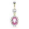 316L Surgical Steel Large Pink Oval Gem Flower Belly Button Ring