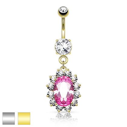 316L Surgical Steel Large Pink Oval Gem Flower Belly Button Ring