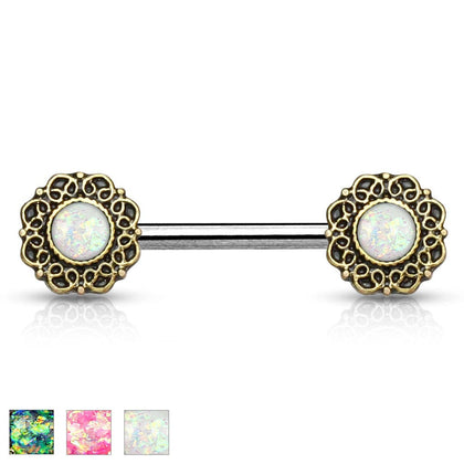 316L Surgical Steel Opal Glitter Filigree Boho Tribal Nipple Ring Barbell