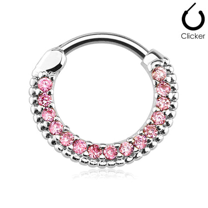 316L Surgical Steel Pink CZ Easy Hinged Clicker Septum Ring