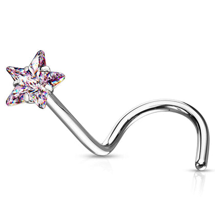 316L Surgical Steel Pink CZ Star Corkscrew Nose Ring Stud - Pierced Universe