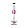 316L Surgical Steel Pink CZ Weed Leaf Dangle Belly Ring - Pierced Universe