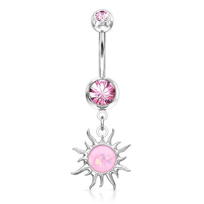 316L Surgical Steel Pink Glitter Opal Tribal Sun Belly Button Ring