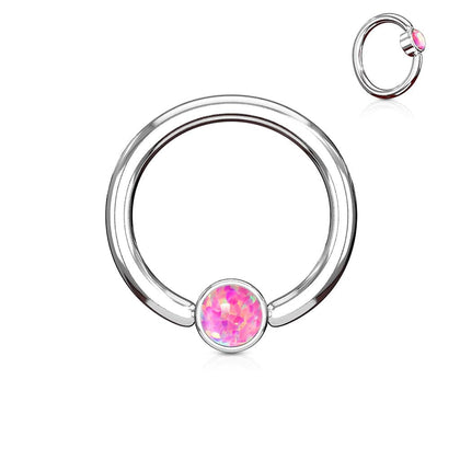 316L Surgical Steel Pink Opal Flat Disk Captive Bead Ring Hoop Ring