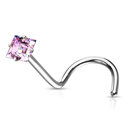 316L Surgical Steel Pink Square CZ Gem Corkscrew Nose Ring Stud - Pierced Universe