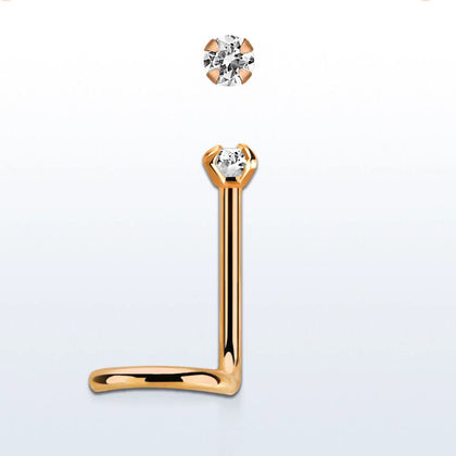 316L Surgical Steel Rose Gold Plated Corkscrew White CZ Prong Nose Ring Stud - Pierced Universe