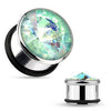 316L Surgical Steel Single Flared Aqua Gem Set Ear Spacer Plugs