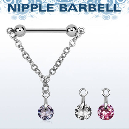 316L Surgical Steel Single Floating Gem Dangling Nipple Ring Chain Barbell - Pierced Universe