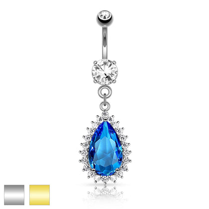 316L Surgical Steel Stunning Large Blue Teardrop Dangling Belly Ring