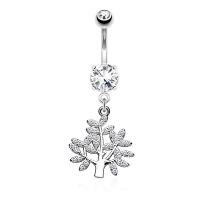 316L Surgical Steel Tree Of Life White CZ Dangle Belly Ring