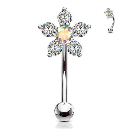 316L Surgical Steel White & Aurora Borealis Flower Curved Barbell - Pierced Universe