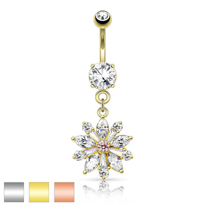 316L Surgical Steel White CZ Cut Snowflake Dangle Belly Button Navel Ring - Pierced Universe