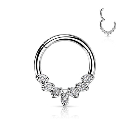 316L Surgical Steel White CZ Gem Vine Leaf Dainty Septum Ring Hinged Clicker Hoop - Pierced Universe