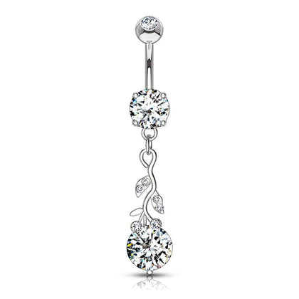 316L Surgical Steel White CZ Vine Dangle Belly Ring - Pierced Universe