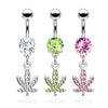 316L Surgical Steel White CZ Weed Leaf Dangle Belly Ring