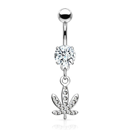 316L Surgical Steel White CZ Weed Leaf Dangle Belly Ring