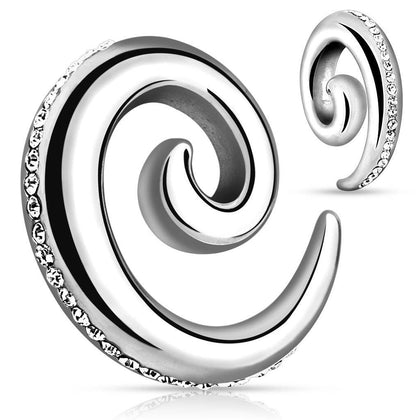 316L Surgical Steel White Gem Studded Spiral Ear Stretcher - Pierced Universe