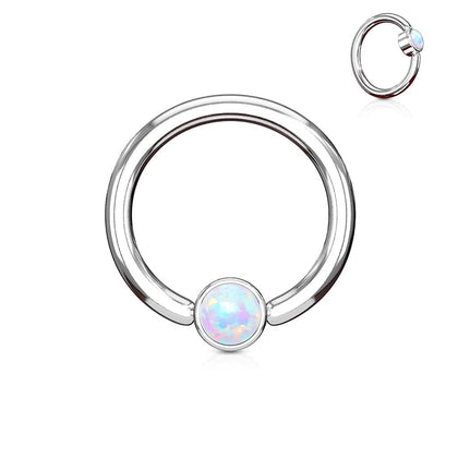 316L Surgical Steel White Opal Flat Disk Captive Bead Ring Hoop Ring