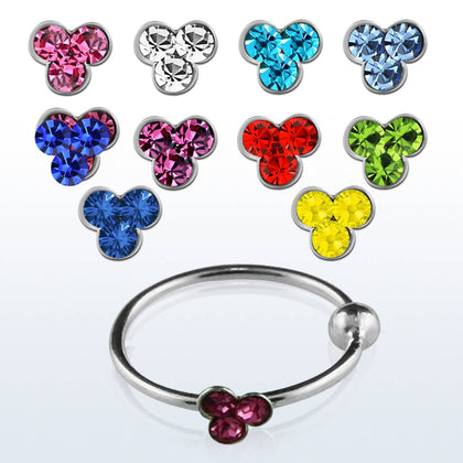 925 Sterling Silver 3 Gem Flower Nose Hoop Ring - Pierced Universe