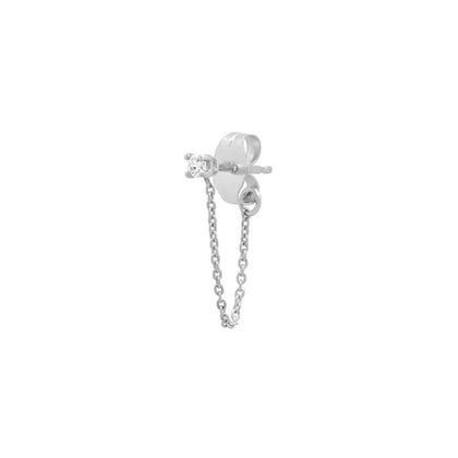 925 Sterling Silver Double Lobe Prong CZ with Chain Minimal Stud Earring- 1 Piece