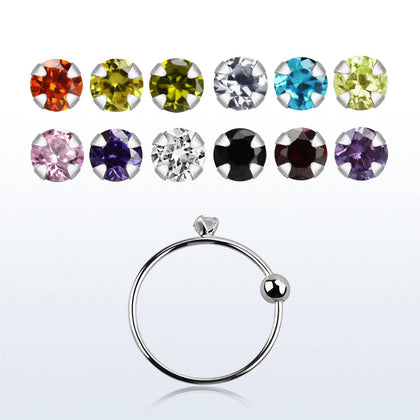 925 Sterling Silver Single Prong Gem Fixed Ball Nose Ring Hoop - Pierced Universe