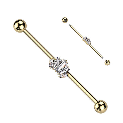 316L Surgical Steel Gold PVD White CZ 5 Gem Baguette Industrial Barbell