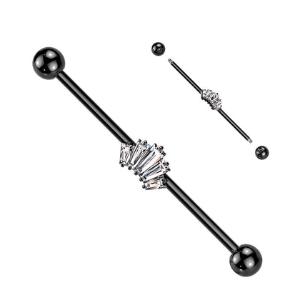 316L Surgical Steel Black PVD White CZ 5 Gem Baguette Industrial Barbell