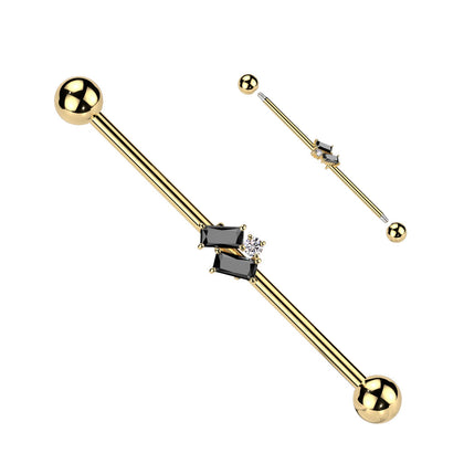 316L Surgical Steel Gold PVD Black Baguette CZ Gem Cluster Industrial Straight Barbell