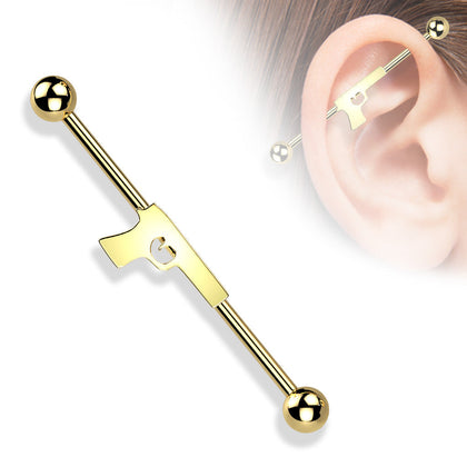 316L Surgical Steel Gold PVD Pistol Gun Outline Industrial Barbell