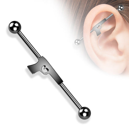 316L Surgical Steel Black PVD Pistol Gun Outline Industrial Barbell