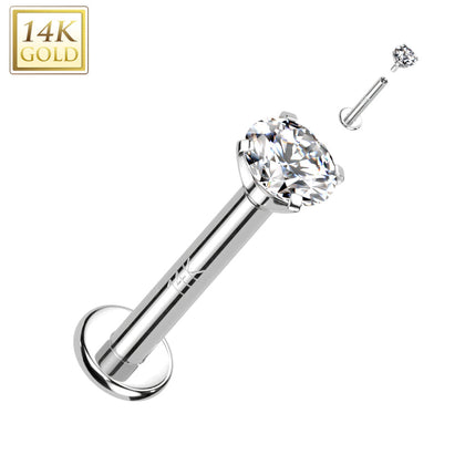 14KT White Gold White CZ Gem Internally Threaded Flat Back Labret