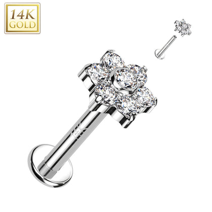 14KT White Gold White CZ Flower Internally Threaded Flat Back Labret - Pierced Universe