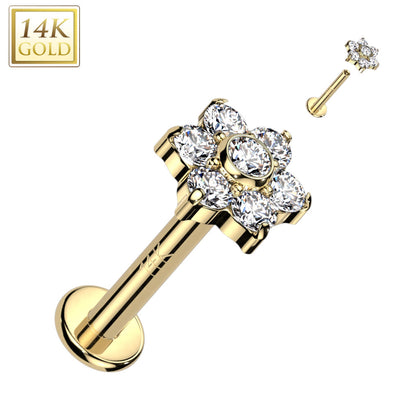 14KT Yellow Gold White CZ Flower Internally Threaded Flat Back Labret - Pierced Universe