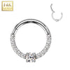 14kt White Gold Pave CZ White Gem Center Septum Daith Hinged Clicker Hoop