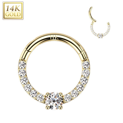 14kt Yellow Gold Pave CZ White Gem Center Septum Daith Hinged Clicker Hoop