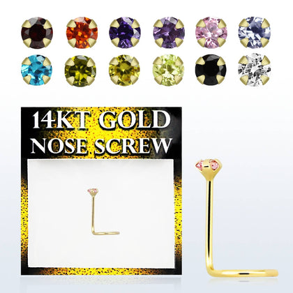 14KT Solid Gold Nose Screw Round Prong Set CZ Nose Ring Pin - Pierced Universe