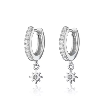 Pair of 925 Sterling Silver Dainty Starburst Dangle Minimal Hoop Earrings