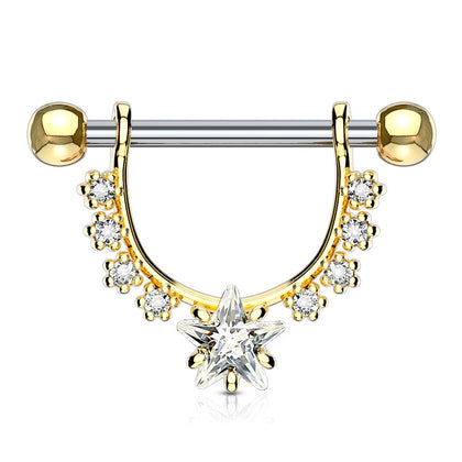 Gold Plated Surgical Steel Star Dangle White CZ Nipple Ring Barbell - Pierced Universe