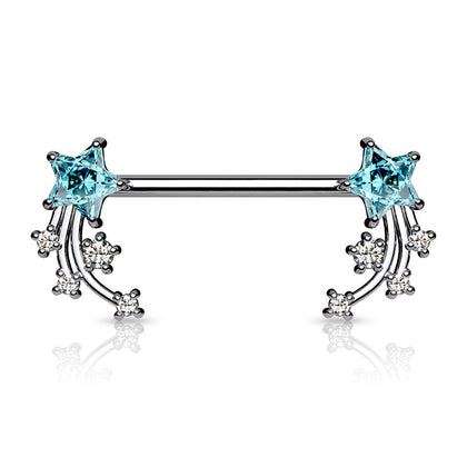 316L Surgical Steel Aqua & White CZ Shooting Star Nipple Ring Straight Barbell