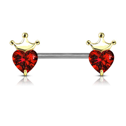 316L Surgical Steel Gold PVD Red CZ Heart With Crown Nipple Ring Straight Barbell