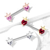 316L Surgical Steel White CZ Heart With Crown Nipple Ring Straight Barbell