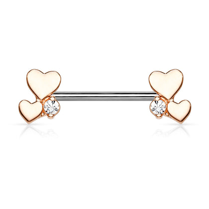 316L Surgical Steel Rose Gold PVD White CZ With Hearts Nipple Ring Straight Barbell